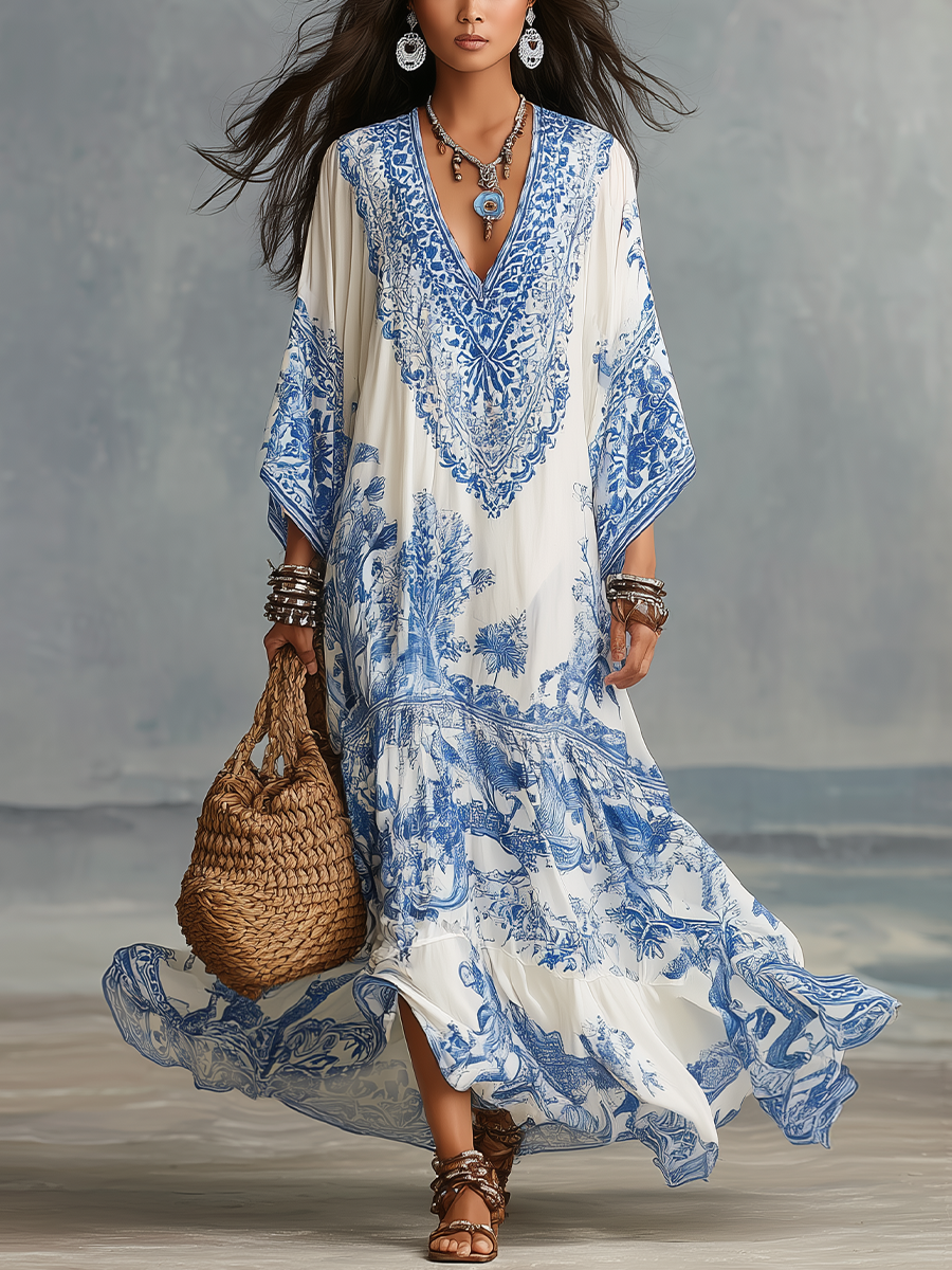 Amelia | Blue and white V-neck kaftan with porcelain-style print