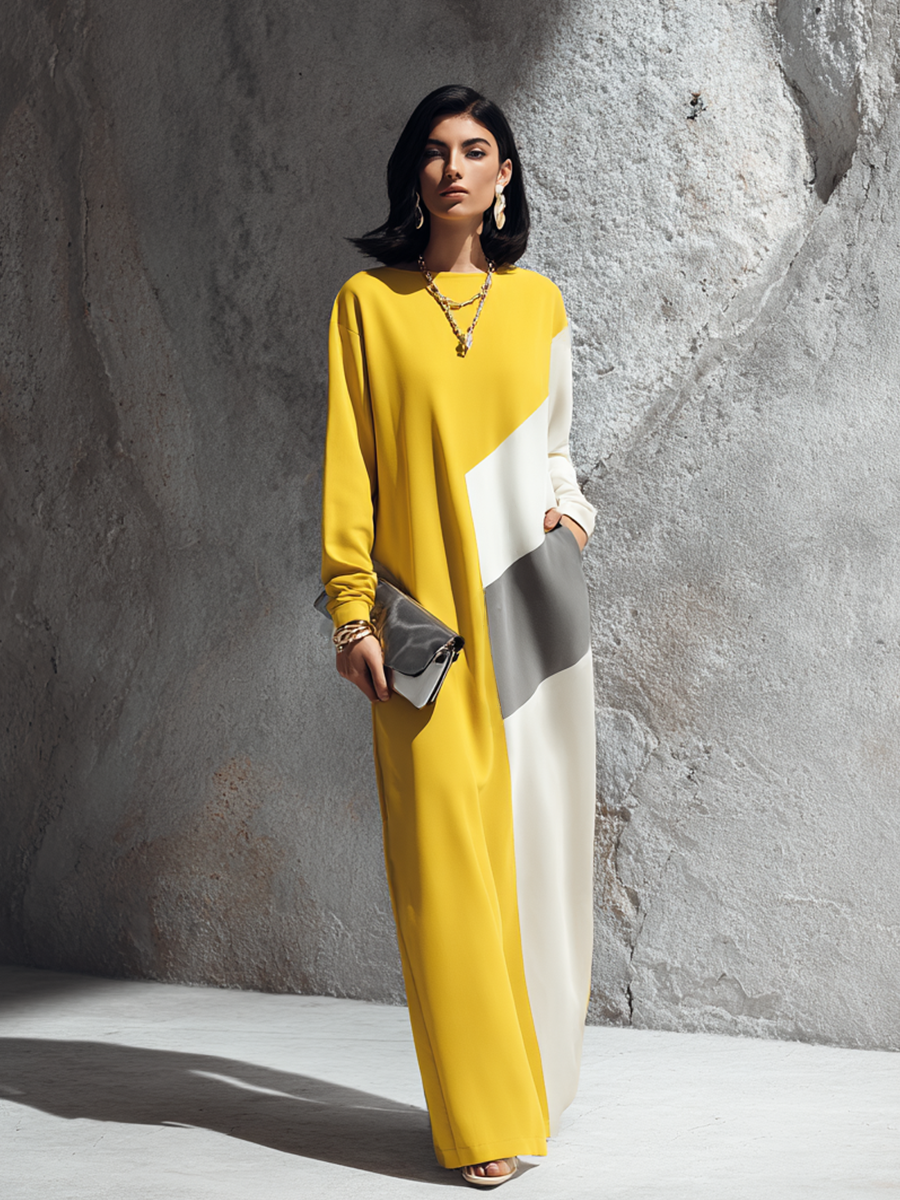 Amelia | Colour-block maxi dress in bold yellow and white