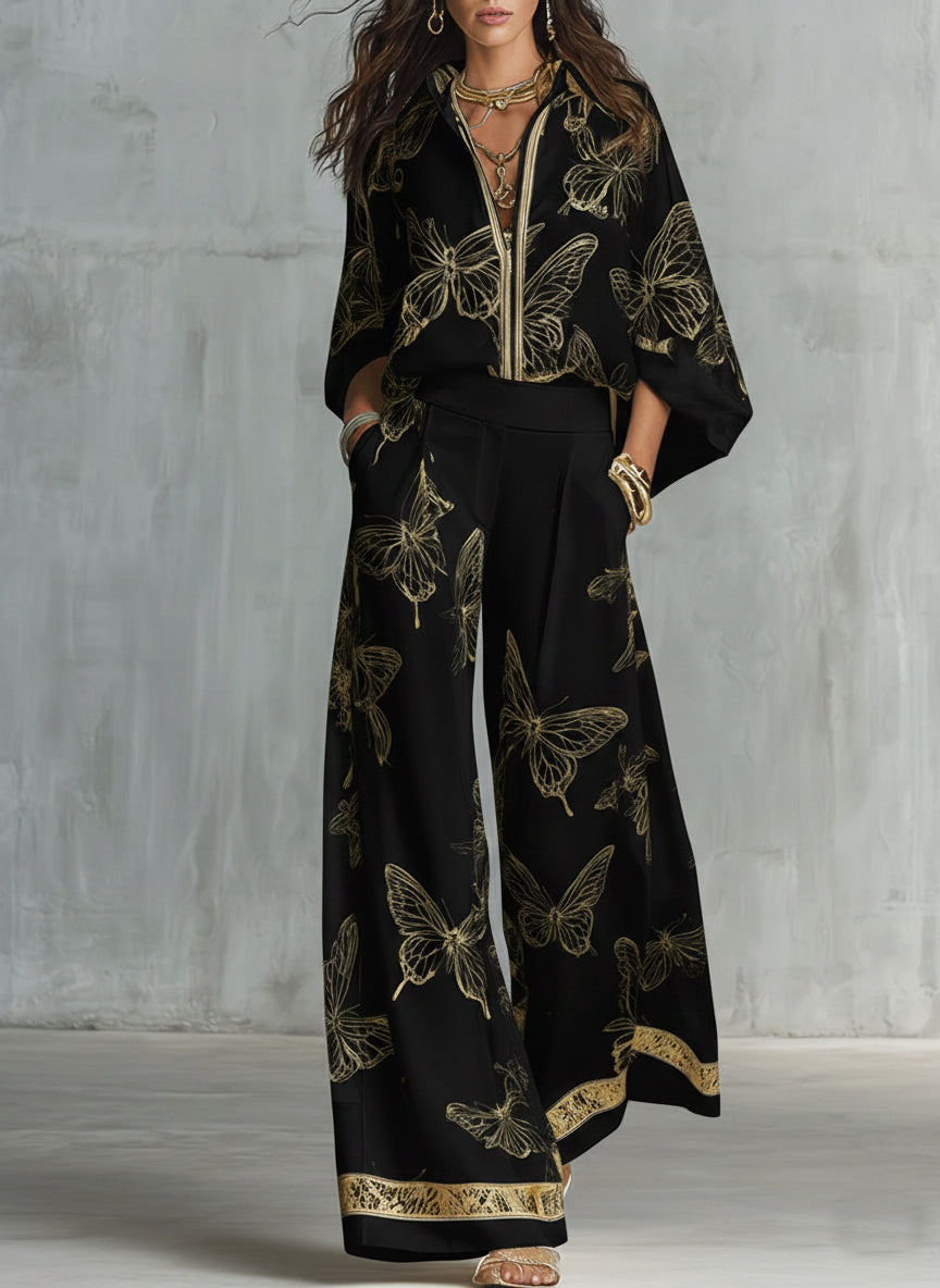 Amelia | White shirt and wide-leg trousers with golden butterfly print