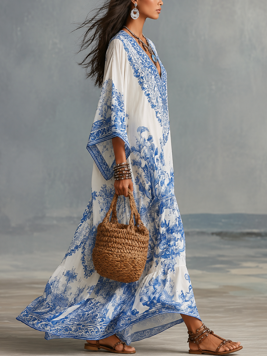 Amelia | Blue and white V-neck kaftan with porcelain-style print