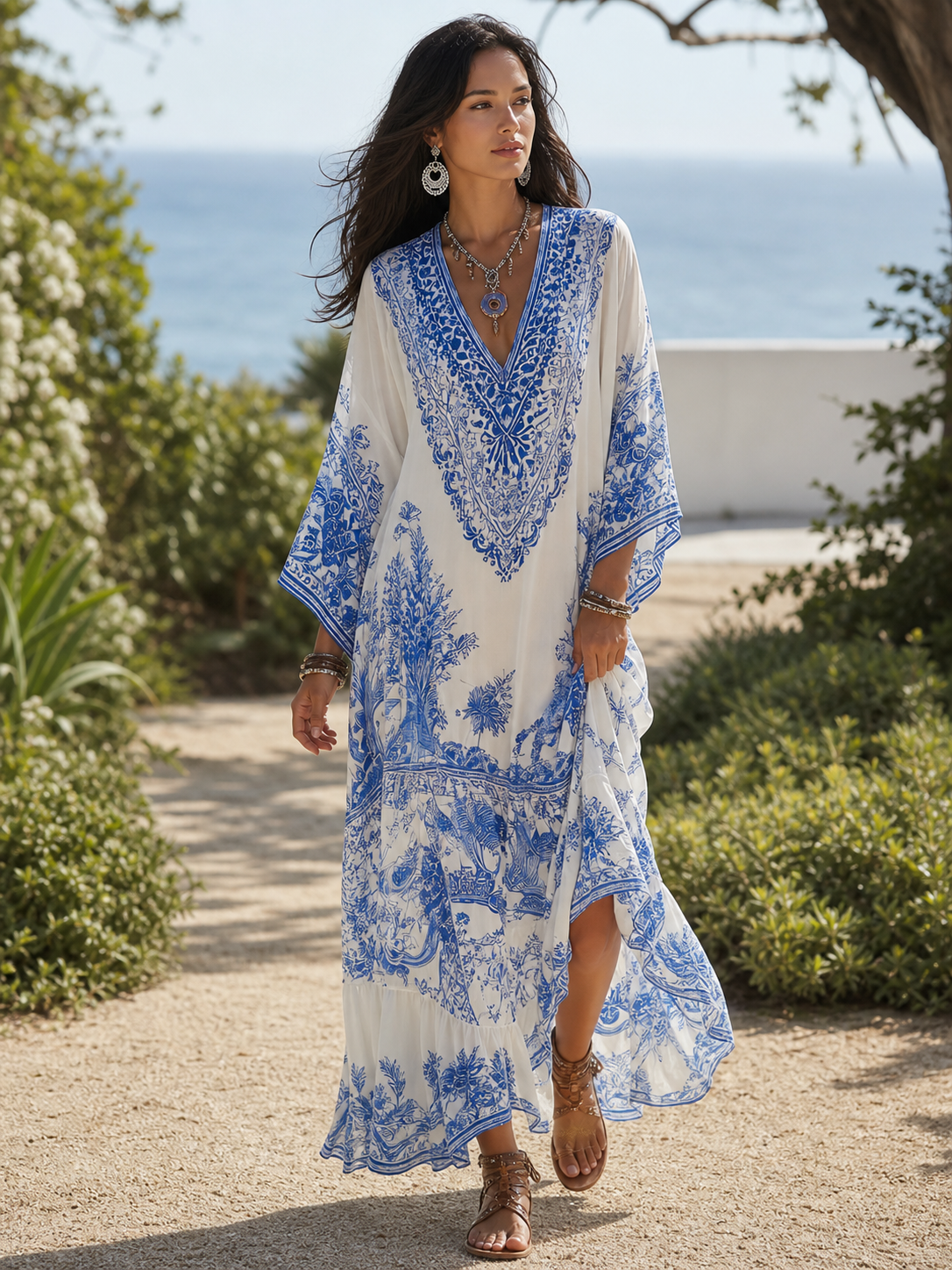 Amelia | Blue and white V-neck kaftan with porcelain-style print
