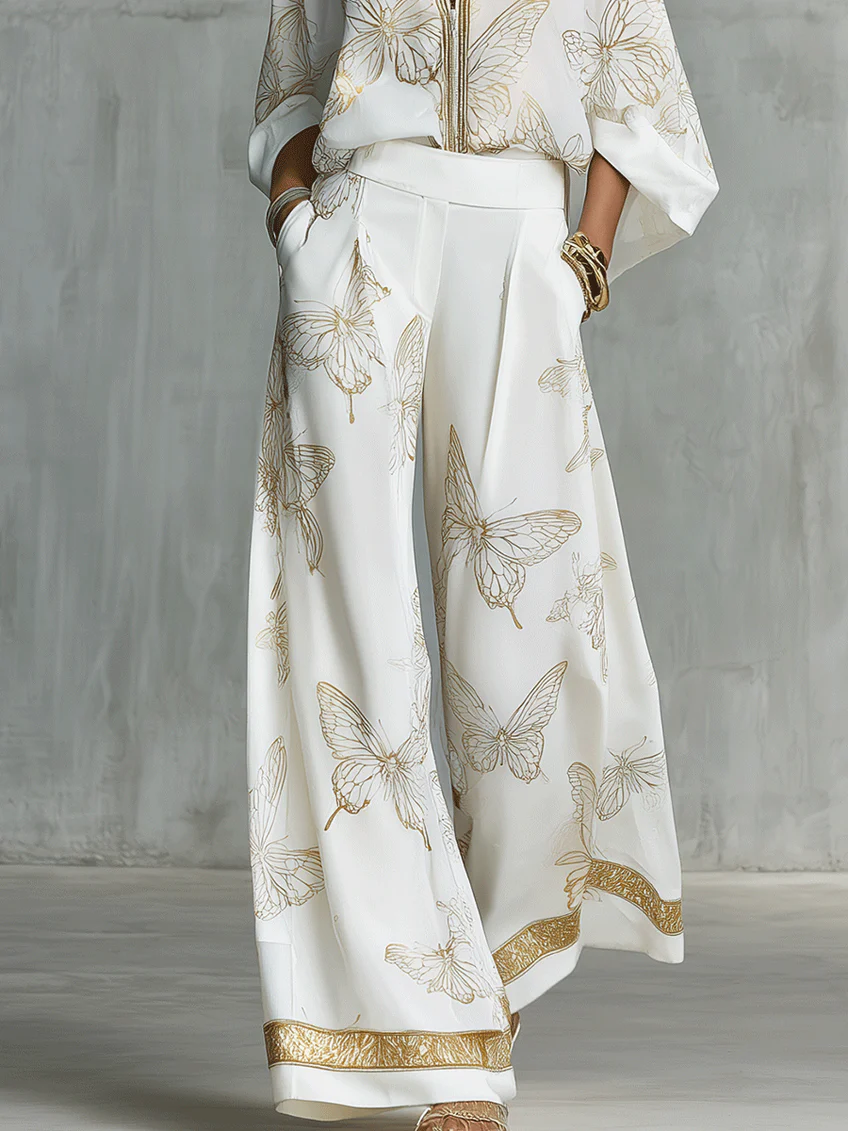Amelia | White shirt and wide-leg trousers with golden butterfly print