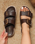 Nancy Brown Buckle Raffia Chunky Outsole Flats Sandals