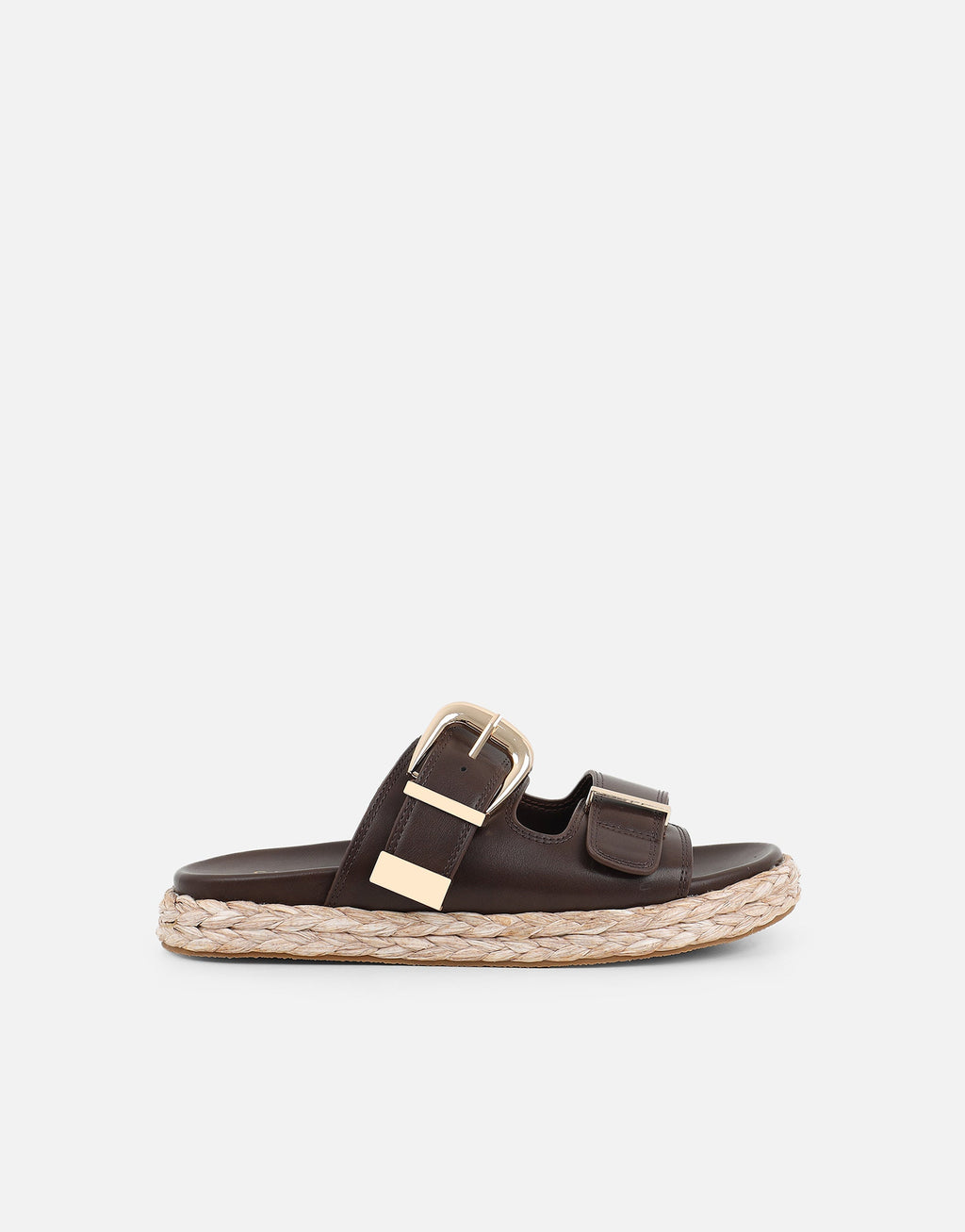 Nancy Brown Buckle Raffia Chunky Outsole Flats Sandals