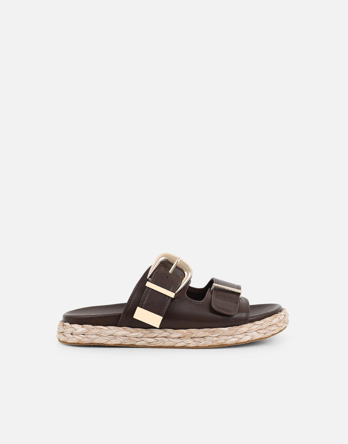Nancy Brown Buckle Raffia Chunky Outsole Flats Sandals