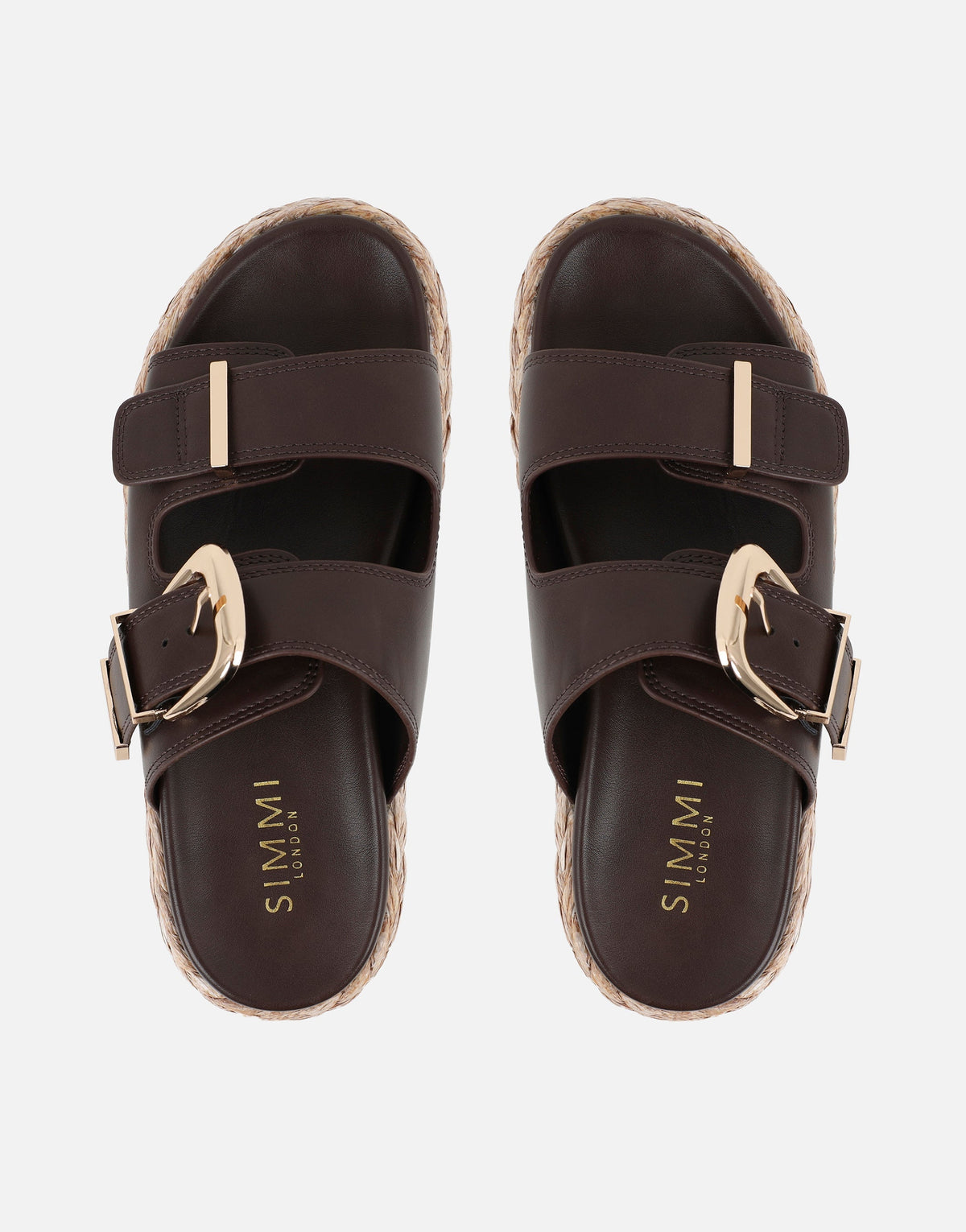 Nancy Brown Buckle Raffia Chunky Outsole Flats Sandals