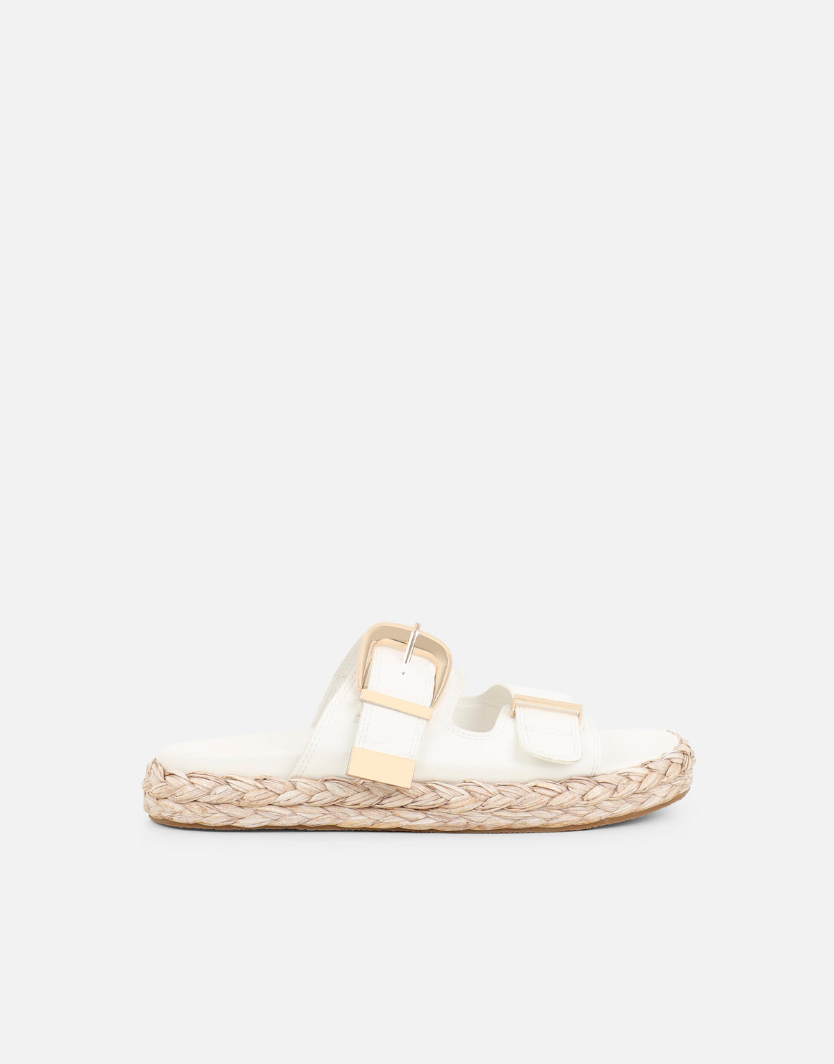 Nancy White Buckle Raffia Chunky Outsole Flats Sandals