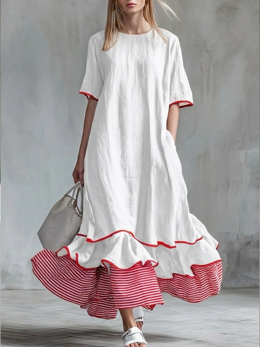 Amelia | Relaxed linen maxi dress with striped frill details