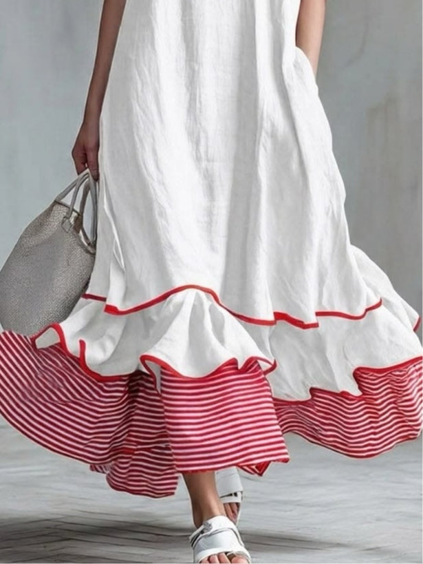 Amelia | Relaxed linen maxi dress with striped frill details