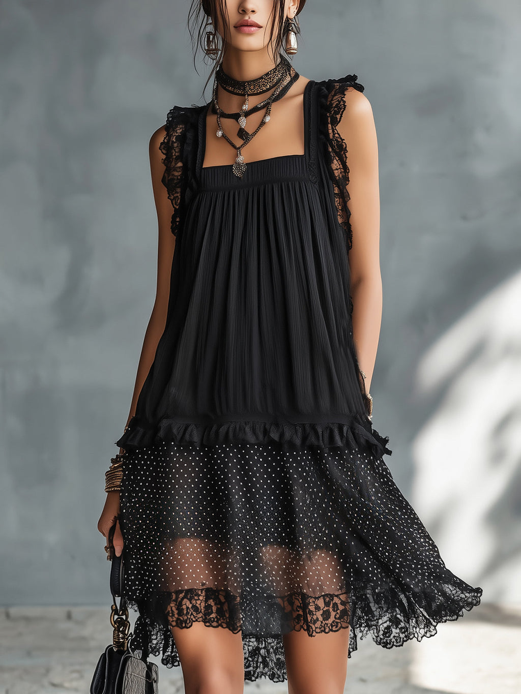 Amelia | Black Mini Dress with Square Neckline and Lace Trim