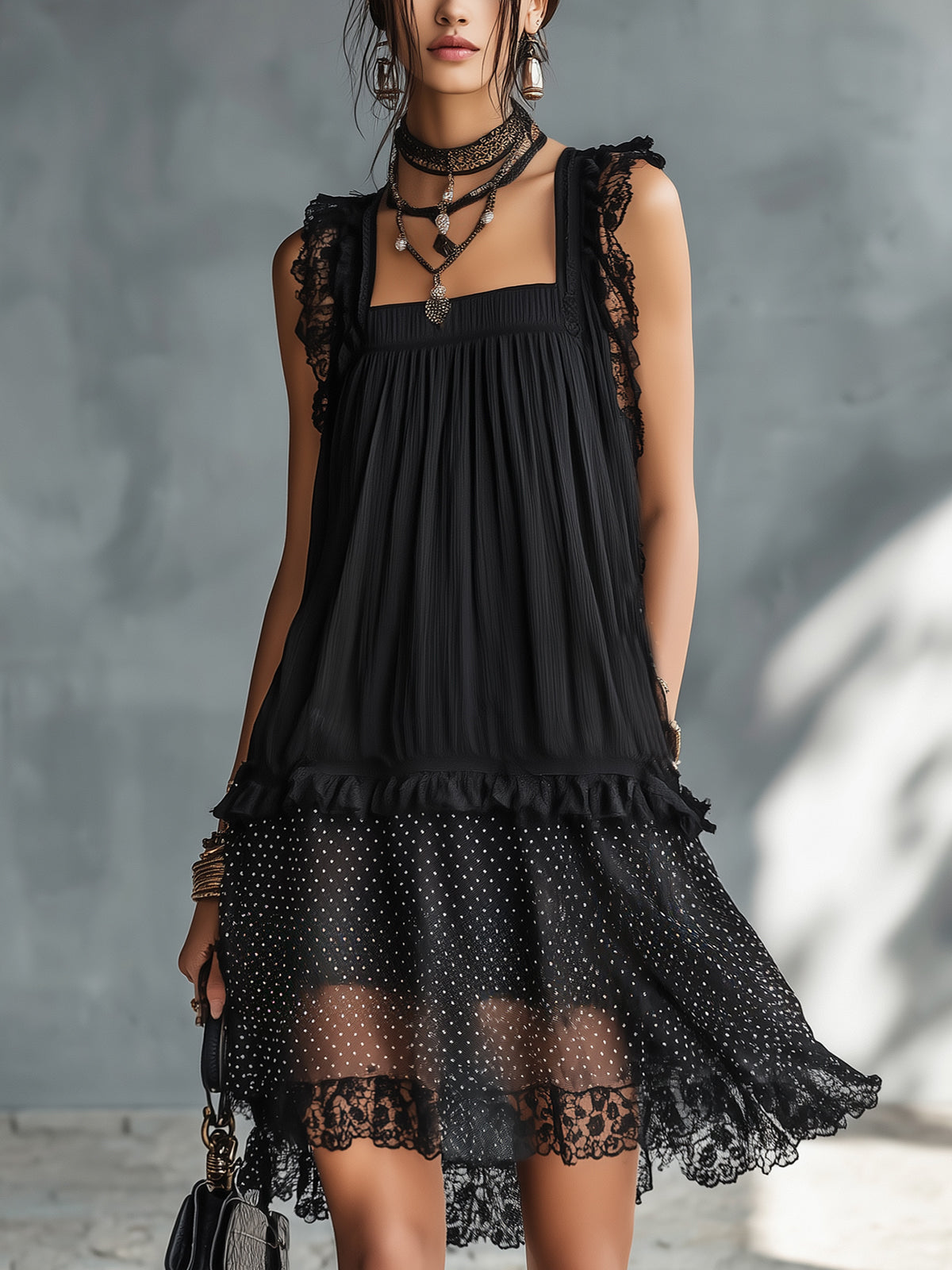 Amelia | Black Mini Dress with Square Neckline and Lace Trim