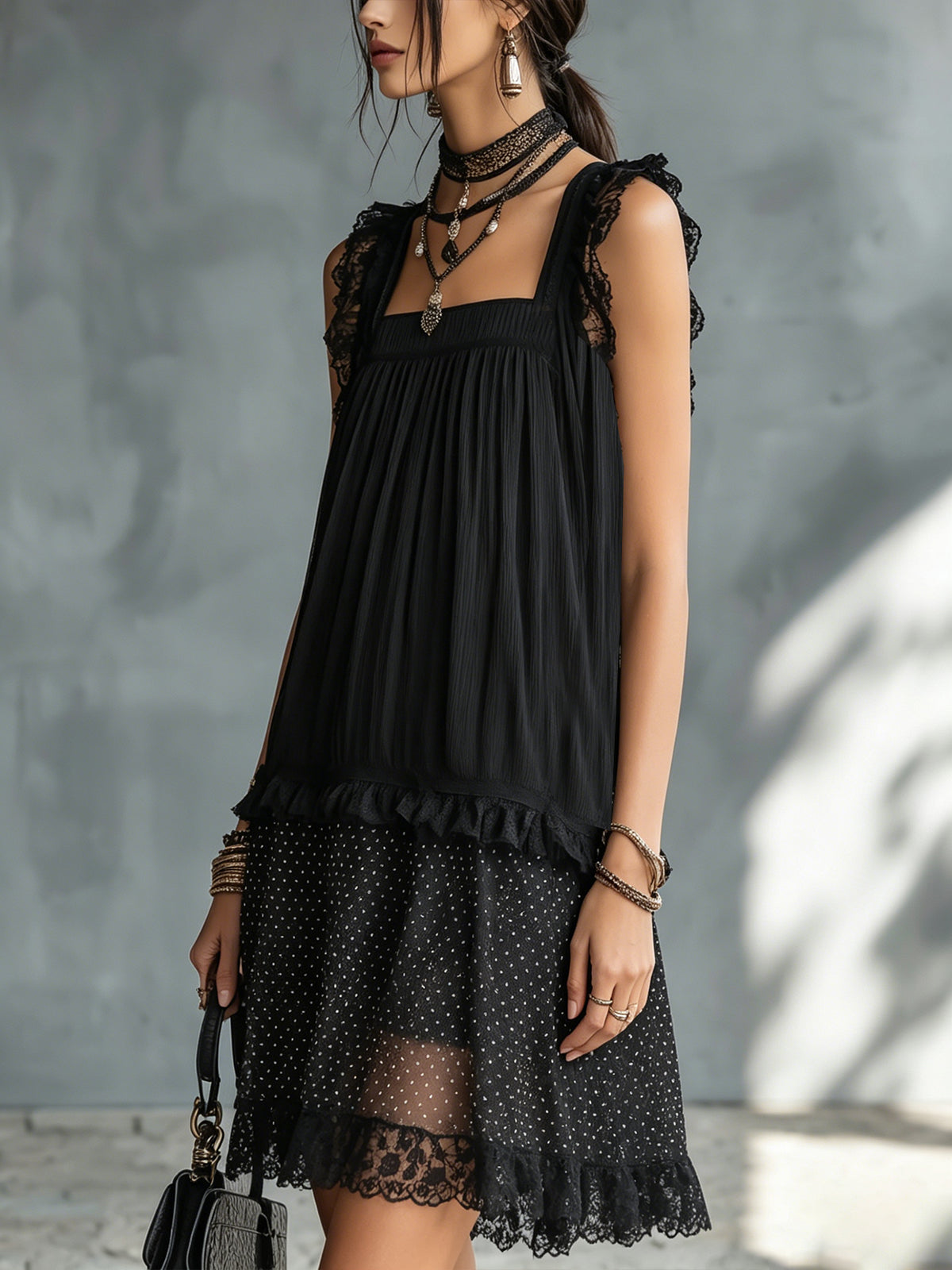 Amelia | Black Mini Dress with Square Neckline and Lace Trim