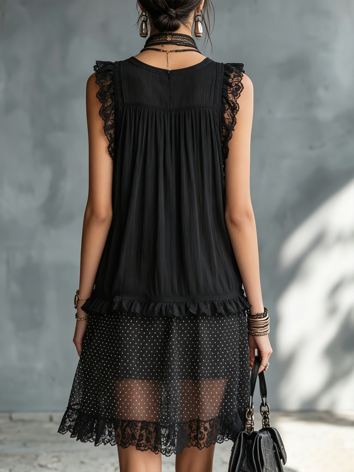 Amelia | Black Mini Dress with Square Neckline and Lace Trim
