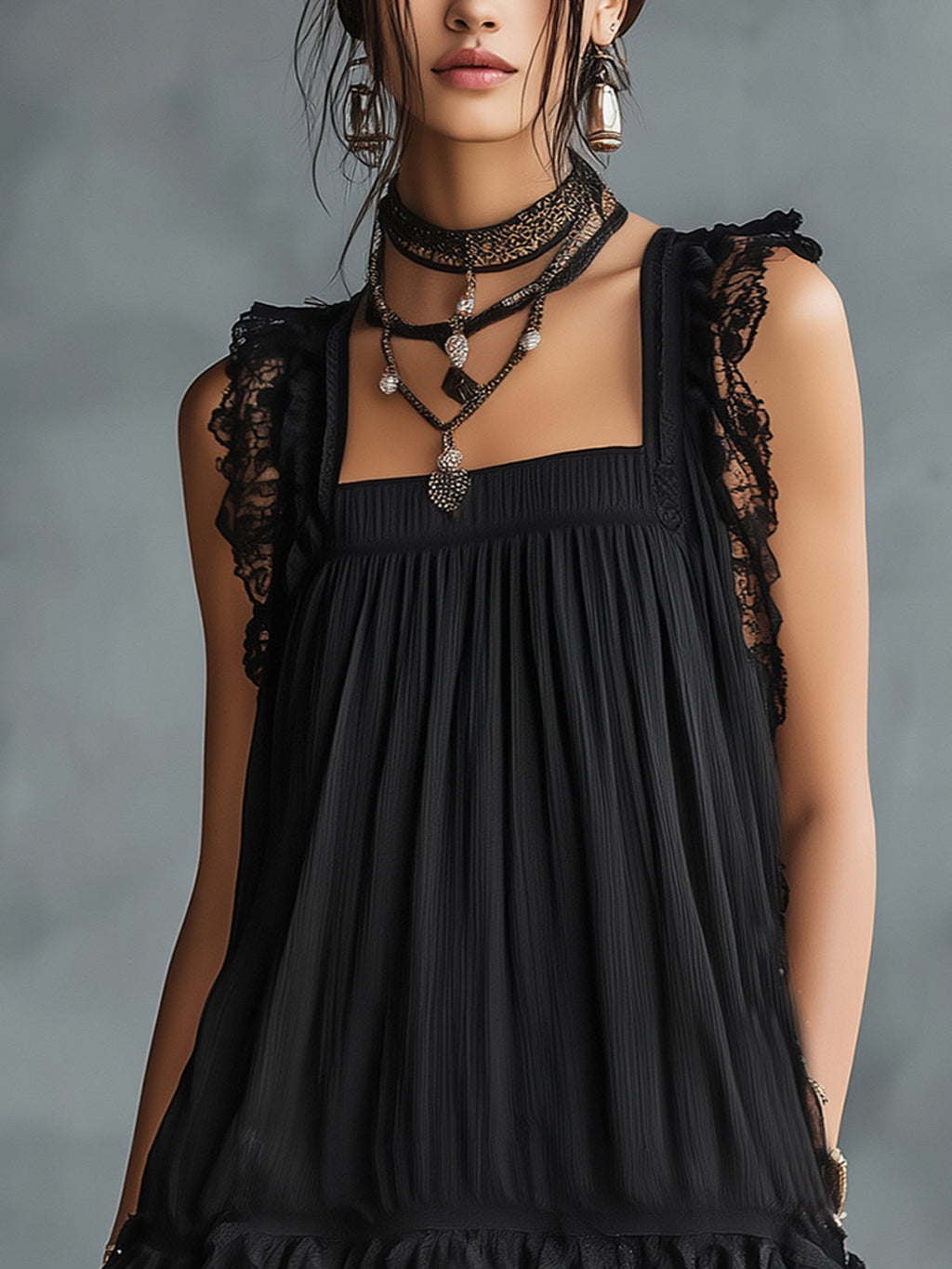 Amelia | Black Mini Dress with Square Neckline and Lace Trim