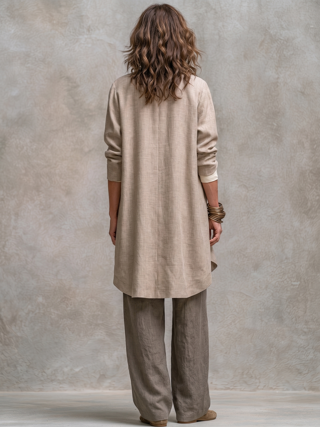 Amelia | Three-piece beige-grey set with flowing cardigan and wide trousers