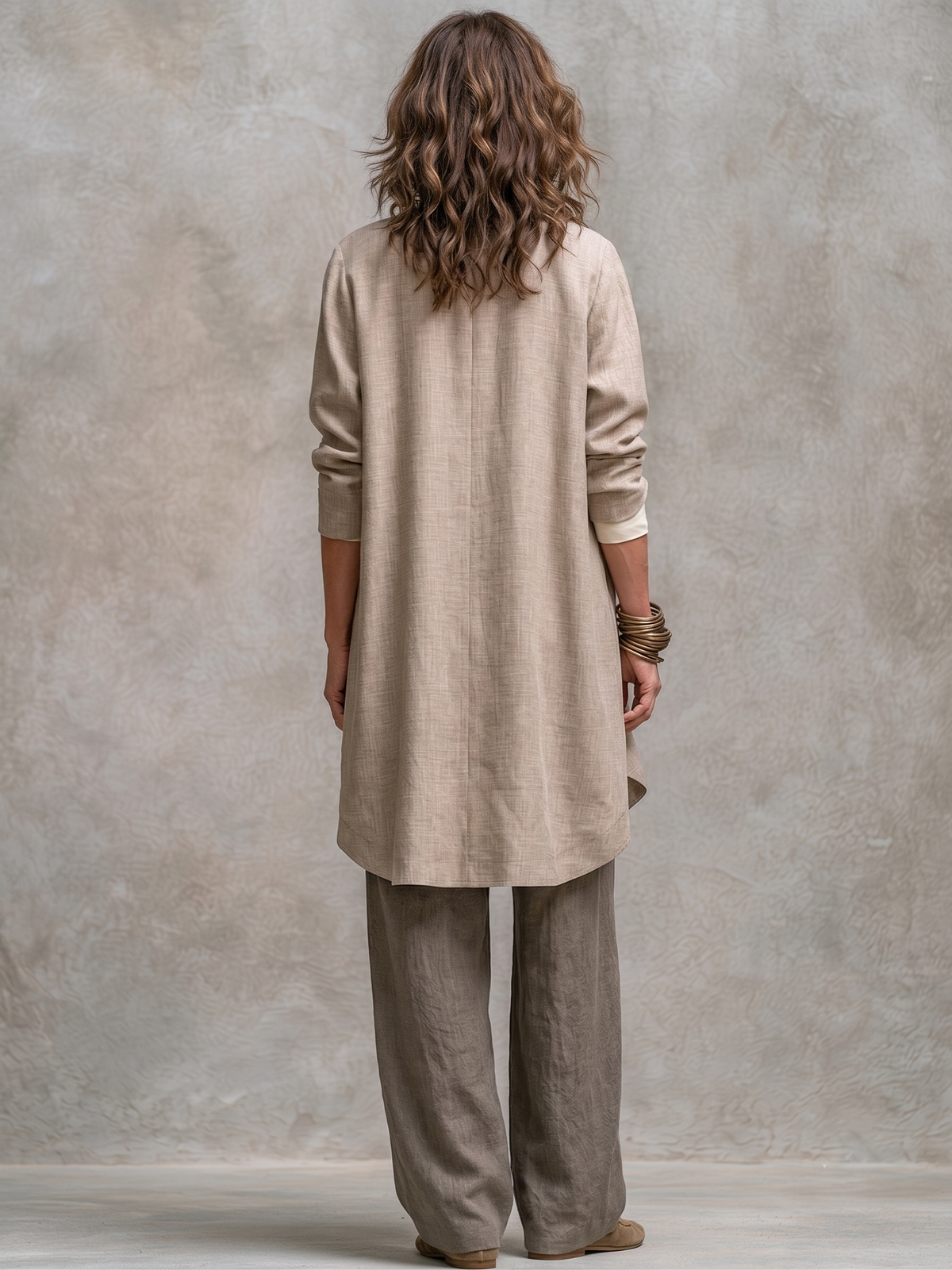 Amelia | Three-piece beige-grey set with flowing cardigan and wide trousers