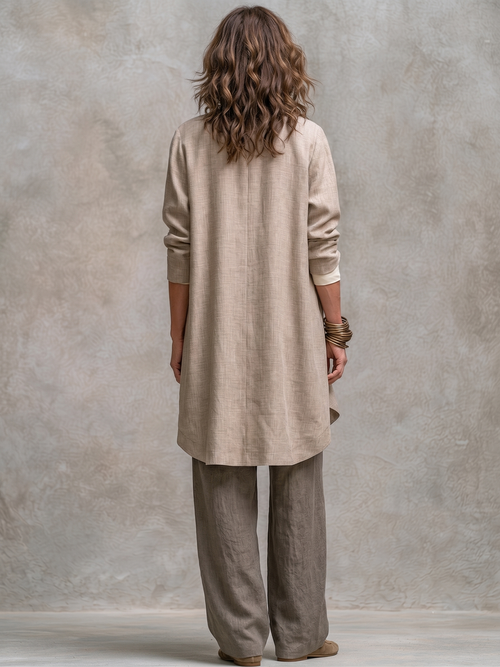 Amelia | Three-piece beige-grey set with flowing cardigan and wide trousers