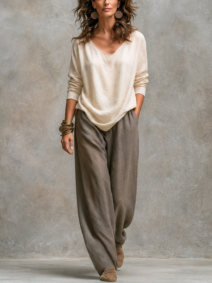 Amelia | Three-piece beige-grey set with flowing cardigan and wide trousers