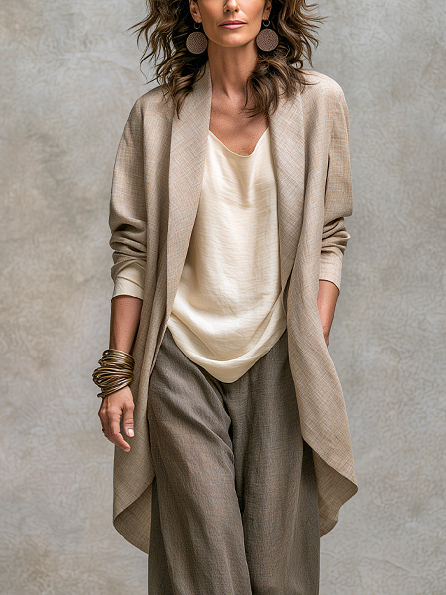 Amelia | Three-piece beige-grey set with flowing cardigan and wide trousers