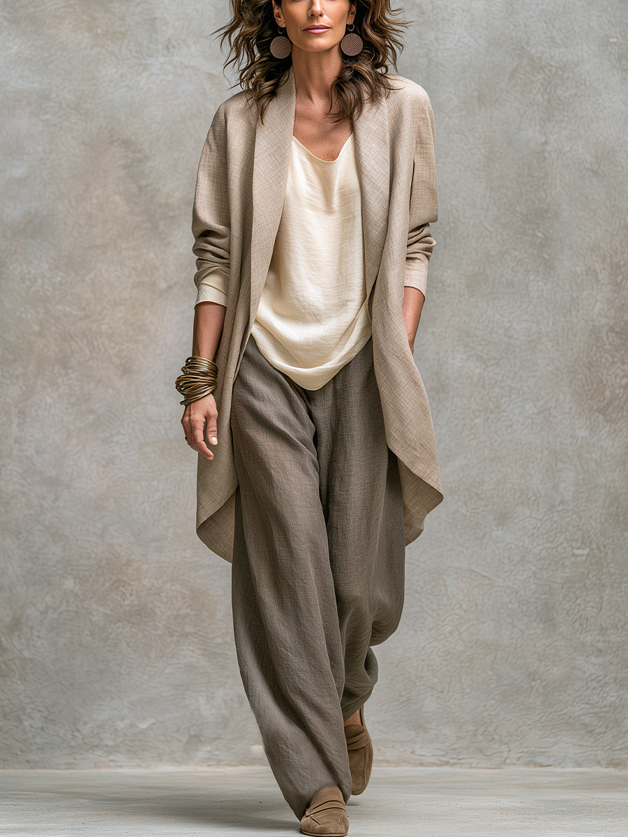 Amelia | Three-piece beige-grey set with flowing cardigan and wide trousers