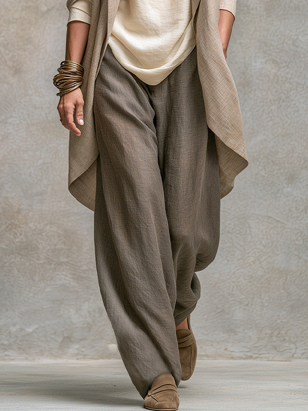 Amelia | Three-piece beige-grey set with flowing cardigan and wide trousers