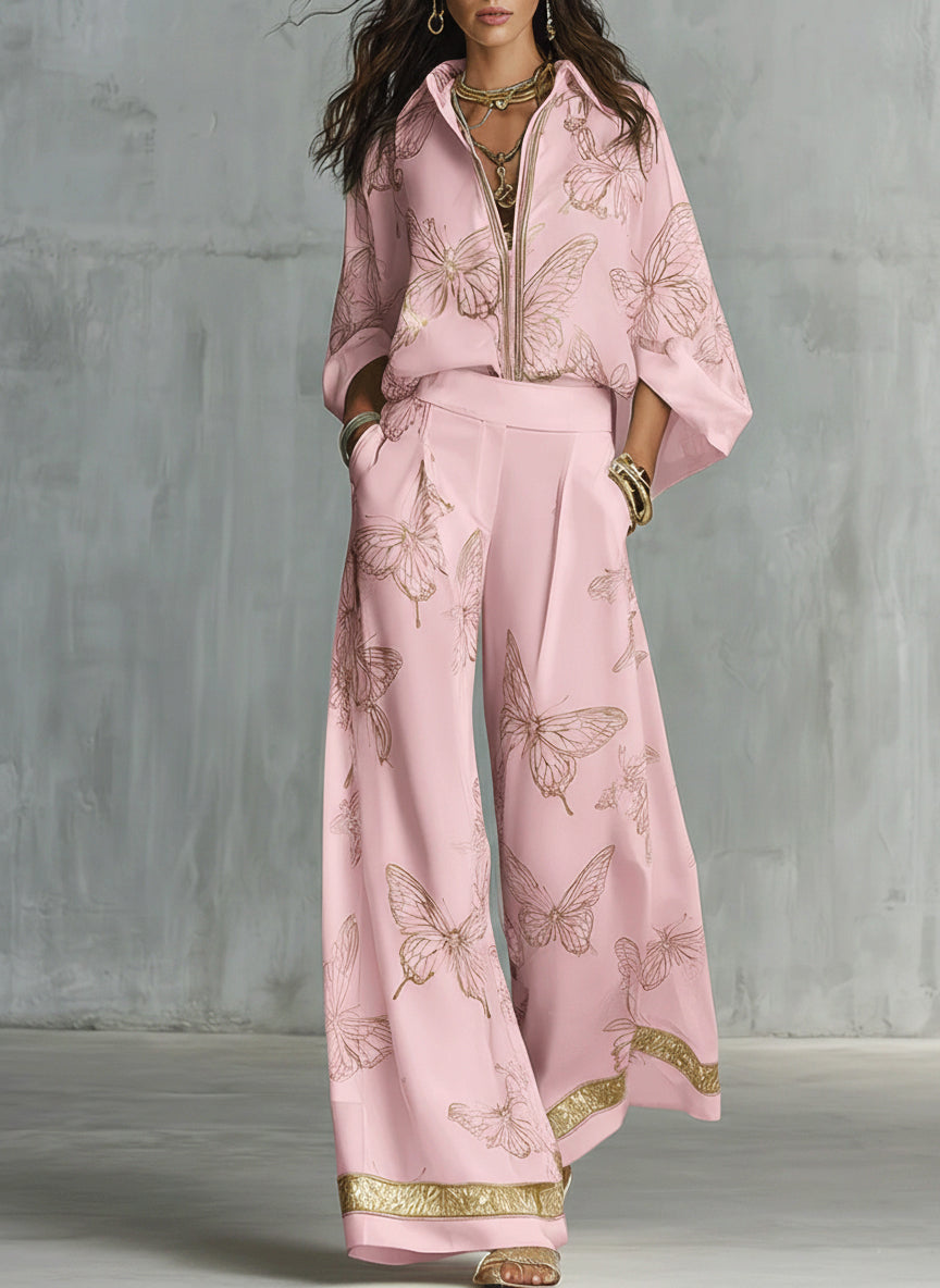Amelia | White shirt and wide-leg trousers with golden butterfly print