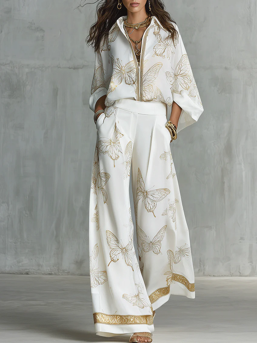 Amelia | White shirt and wide-leg trousers with golden butterfly print