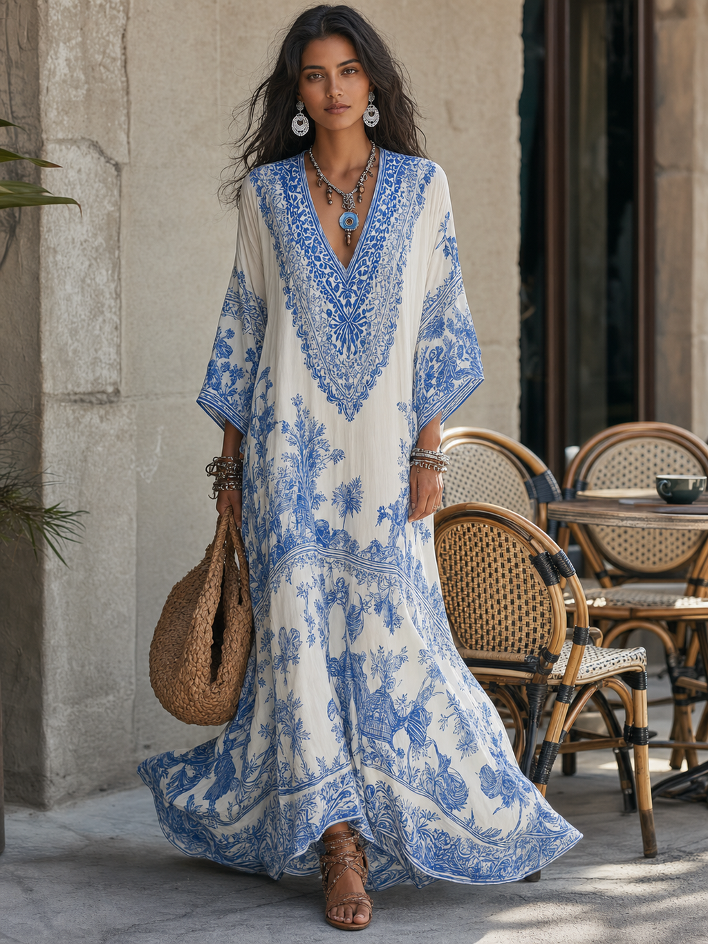 Amelia | Blue and white V-neck kaftan with porcelain-style print