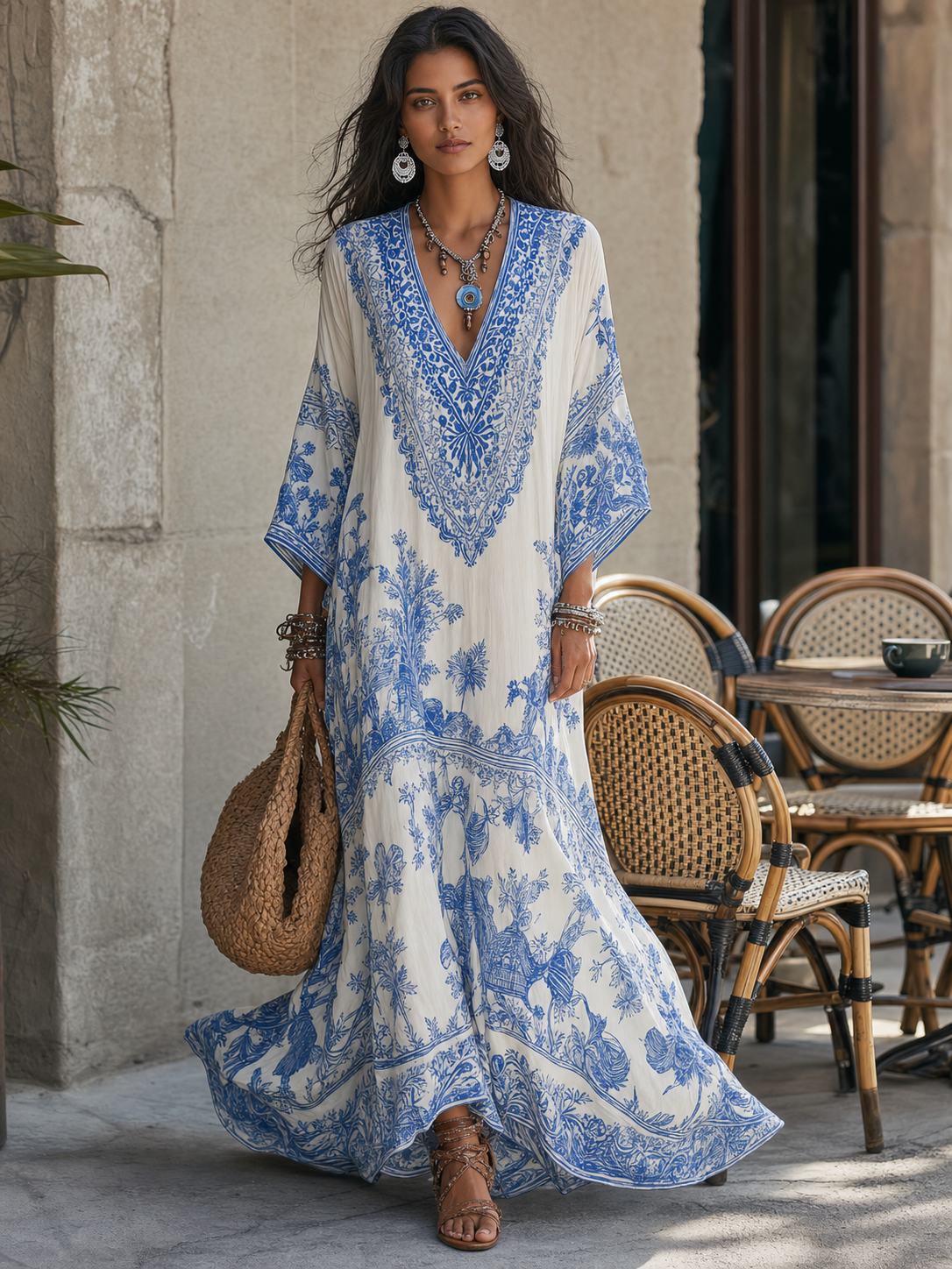 Amelia | Blue and white V-neck kaftan with porcelain-style print